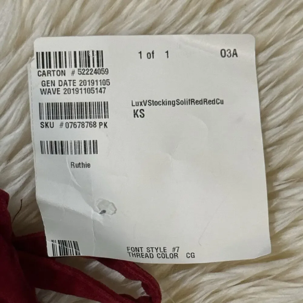 New Pottery Barn Kids Red Velvet Christmas Stocking White Embroidered “Ruthie”